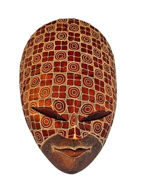 Vintage Indonesian Batik Wood Mask Hand Carved Javanese Wall Decor Folk Art 11"H